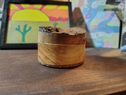 Silk tree wood ring box with live edge top